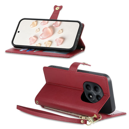 For Redmi Note 15 4G / 5G Global 164mm / Poco M8 5G Zipper Wallet Heart Buckle Vegan Leather Phone Case with Wrist Strap(Red)