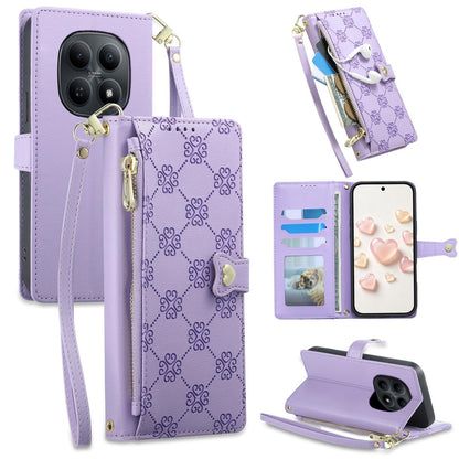 For Redmi Note 15 4G / 5G Global 164mm / Poco M8 5G Zipper Wallet Heart Buckle Vegan Leather Phone Case with Wrist Strap(Purple)