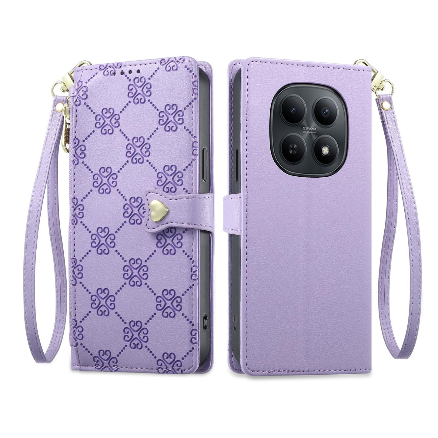 For Redmi Note 15 4G / 5G Global 164mm / Poco M8 5G Zipper Wallet Heart Buckle Vegan Leather Phone Case with Wrist Strap(Purple)