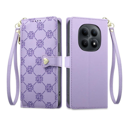 For Redmi Note 15 4G / 5G Global 164mm / Poco M8 5G Zipper Wallet Heart Buckle Vegan Leather Phone Case with Wrist Strap(Purple)