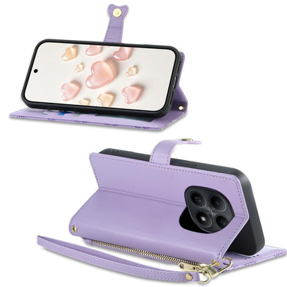 For Redmi Note 15 4G / 5G Global 164mm / Poco M8 5G Zipper Wallet Heart Buckle Vegan Leather Phone Case with Wrist Strap(Purple)