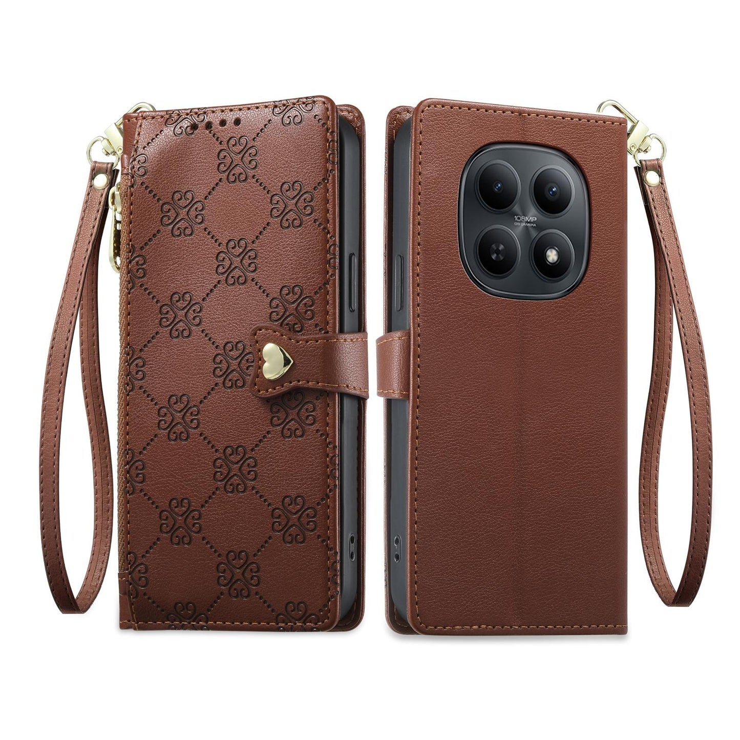 For Redmi Note 15 4G / 5G Global 164mm / Poco M8 5G Zipper Wallet Heart Buckle Vegan Leather Phone Case with Wrist Strap(Brown)