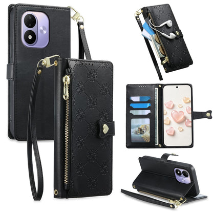 For Redmi Note 17 5G / 4G Global 171mm Zipper Wallet Heart Buckle Vegan Leather Phone Case with Wrist Strap(Black)