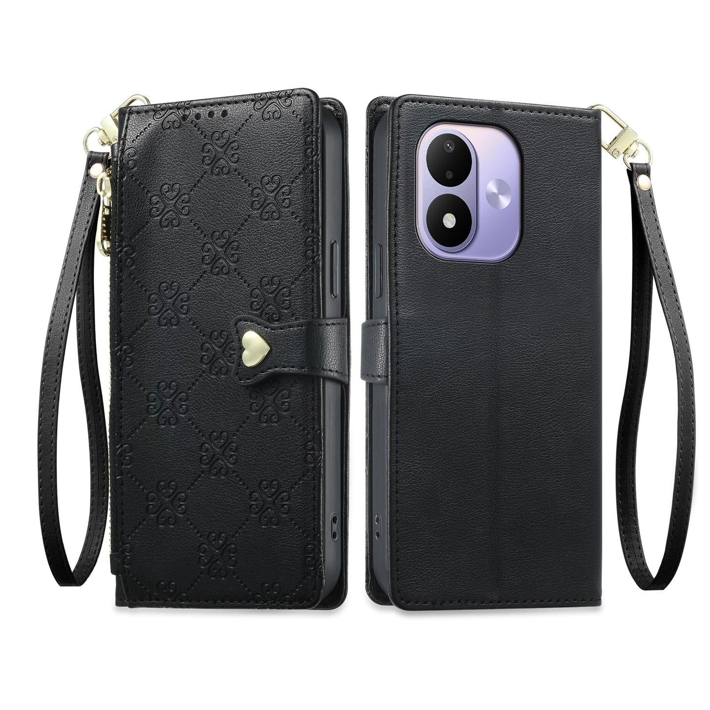 For Redmi Note 17 5G / 4G Global 171mm Zipper Wallet Heart Buckle Vegan Leather Phone Case with Wrist Strap(Black)