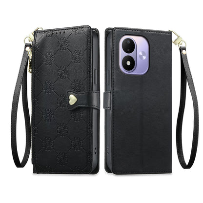 For Redmi Note 17 5G / 4G Global 171mm Zipper Wallet Heart Buckle Vegan Leather Phone Case with Wrist Strap(Black)