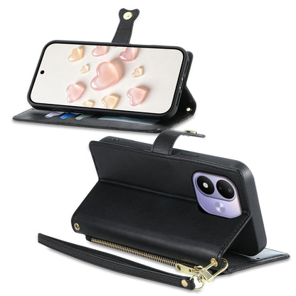 For Redmi Note 17 5G / 4G Global 171mm Zipper Wallet Heart Buckle Vegan Leather Phone Case with Wrist Strap(Black)