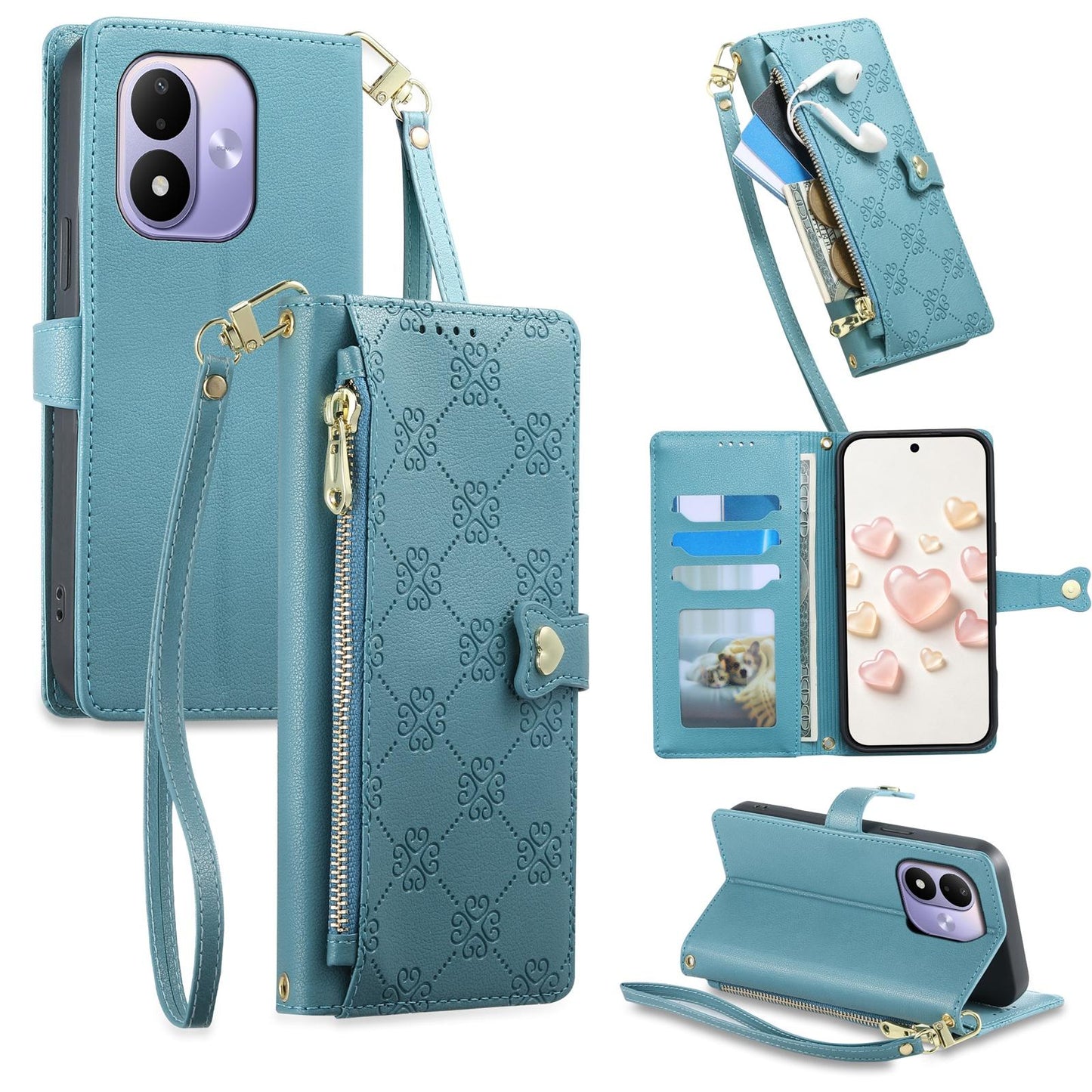 For Redmi Note 17 5G / 4G Global 171mm Zipper Wallet Heart Buckle Vegan Leather Phone Case with Wrist Strap(Lake Blue)