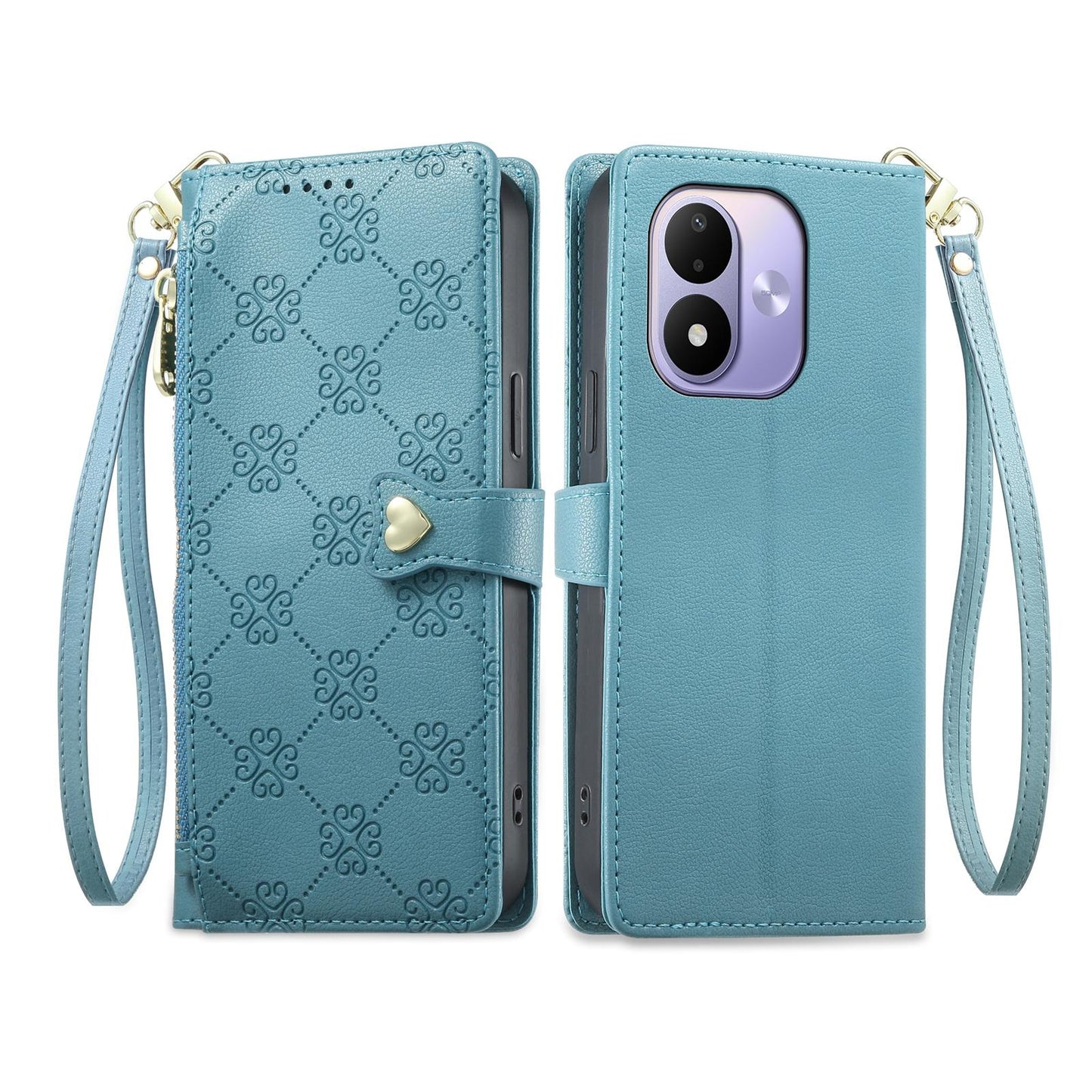 For Redmi Note 17 5G / 4G Global 171mm Zipper Wallet Heart Buckle Vegan Leather Phone Case with Wrist Strap(Lake Blue)