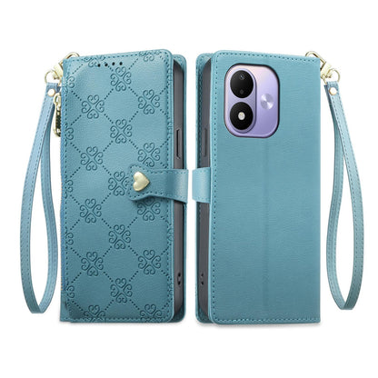For Redmi Note 17 5G / 4G Global 171mm Zipper Wallet Heart Buckle Vegan Leather Phone Case with Wrist Strap(Lake Blue)