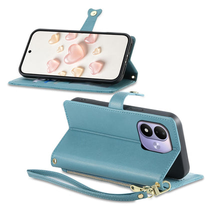 For Redmi Note 17 5G / 4G Global 171mm Zipper Wallet Heart Buckle Vegan Leather Phone Case with Wrist Strap(Lake Blue)