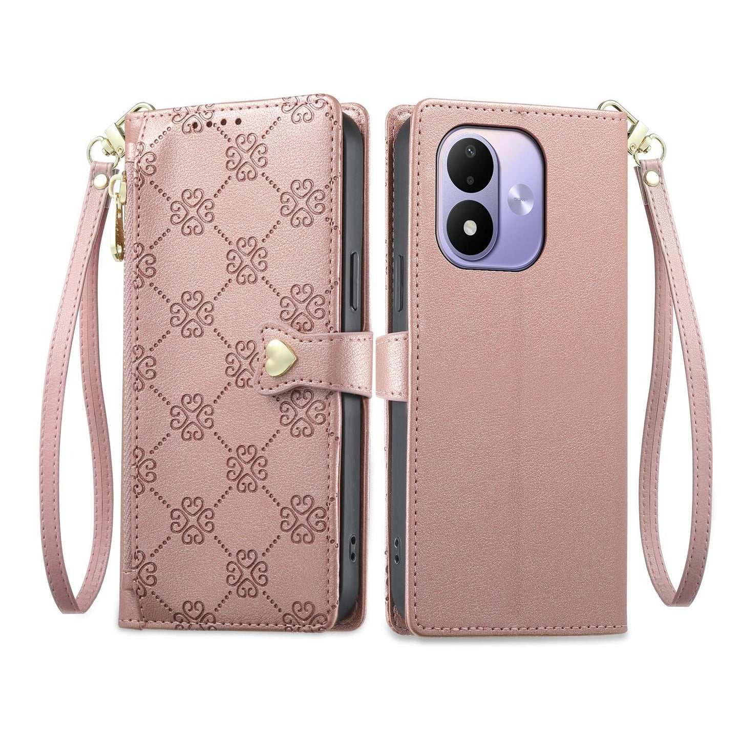 For Redmi Note 17 5G / 4G Global 171mm Zipper Wallet Heart Buckle Vegan Leather Phone Case with Wrist Strap(Pink)