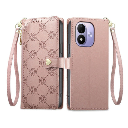 For Redmi Note 17 5G / 4G Global 171mm Zipper Wallet Heart Buckle Vegan Leather Phone Case with Wrist Strap(Pink)