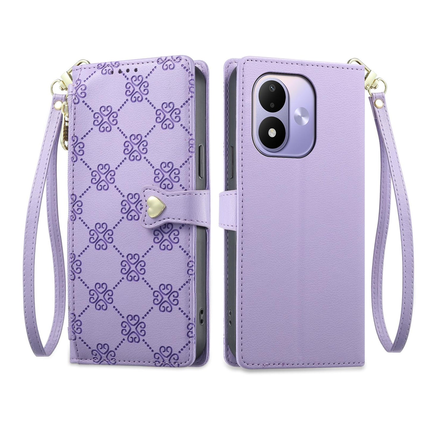 For Redmi Note 17 5G / 4G Global 171mm Zipper Wallet Heart Buckle Vegan Leather Phone Case with Wrist Strap(Purple)