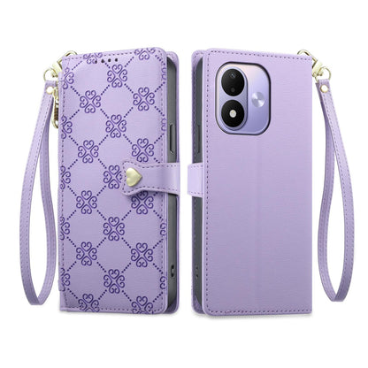 For Redmi Note 17 5G / 4G Global 171mm Zipper Wallet Heart Buckle Vegan Leather Phone Case with Wrist Strap(Purple)