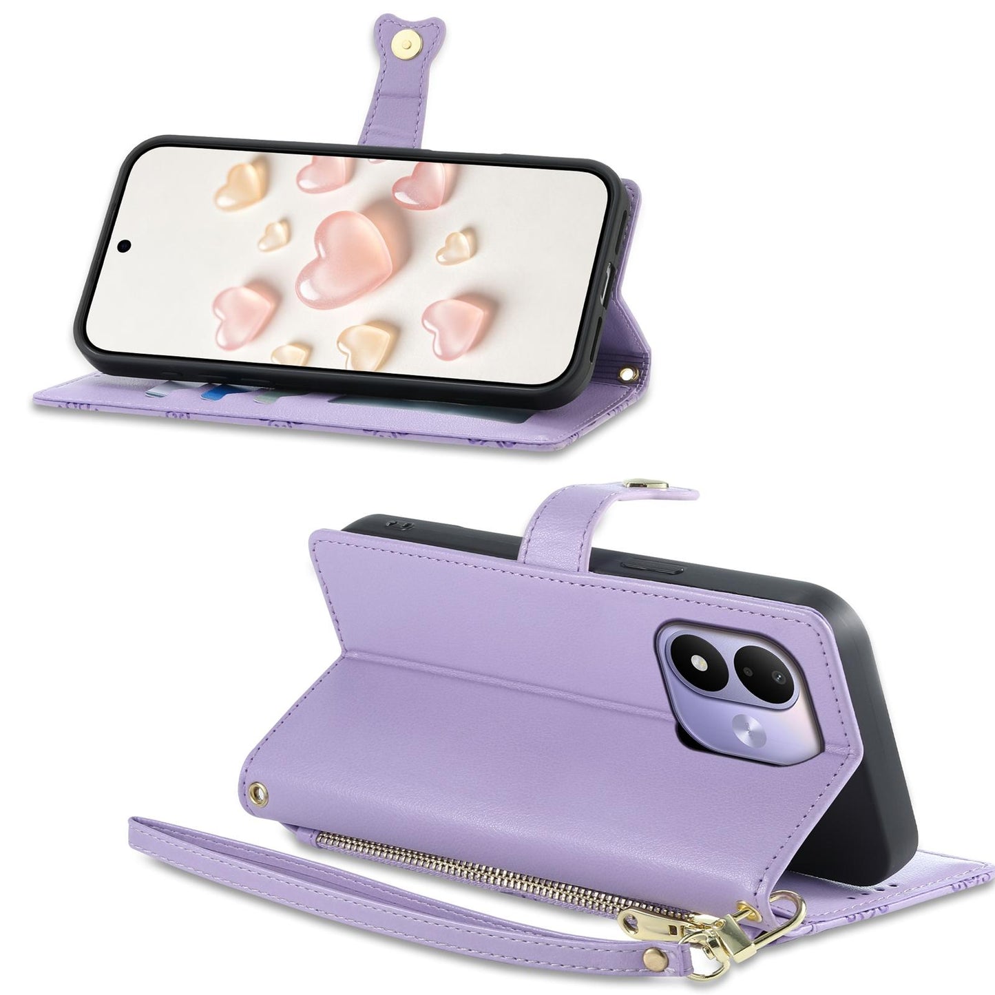 For Redmi Note 17 5G / 4G Global 171mm Zipper Wallet Heart Buckle Vegan Leather Phone Case with Wrist Strap(Purple)