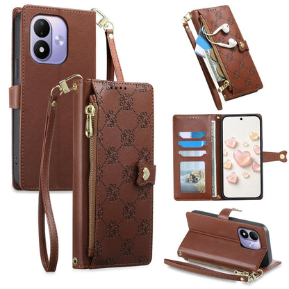 For Redmi Note 17 5G / 4G Global 171mm Zipper Wallet Heart Buckle Vegan Leather Phone Case with Wrist Strap(Brown)