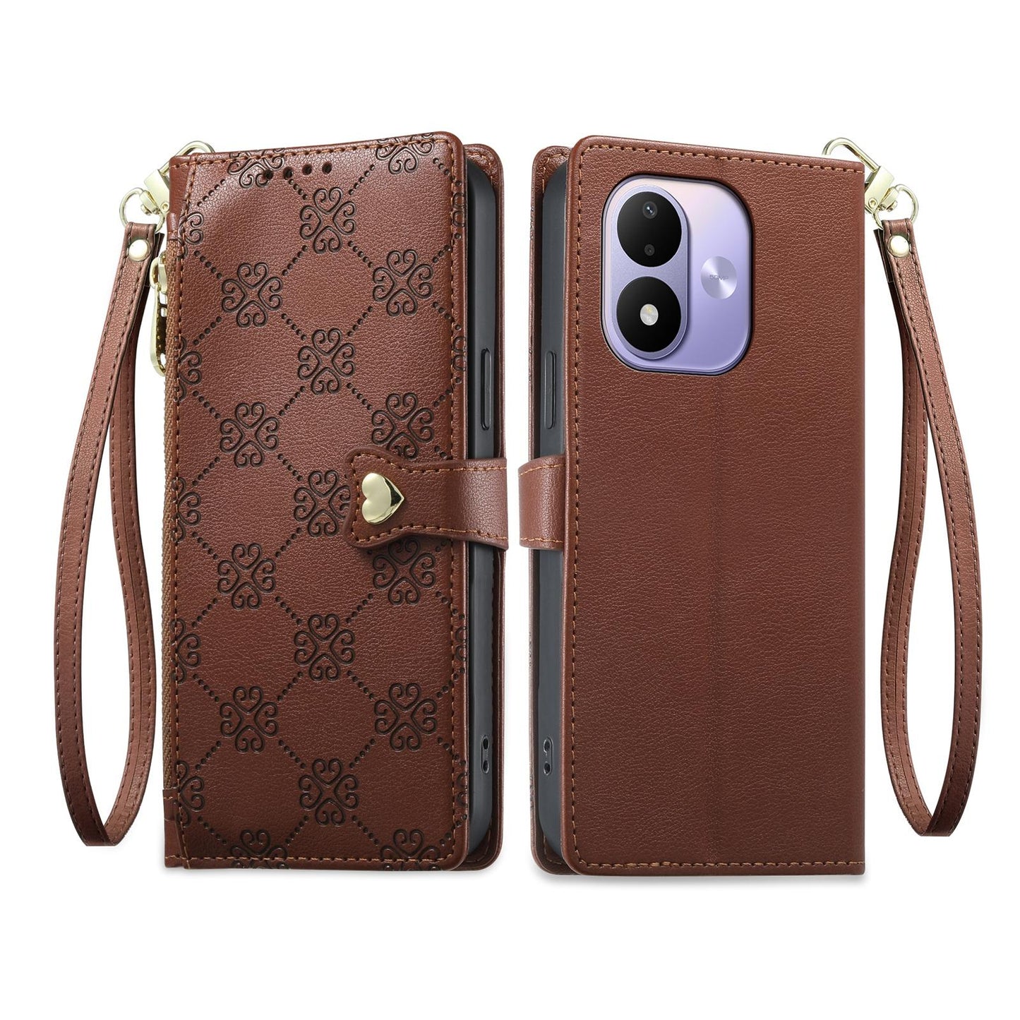For Redmi Note 17 5G / 4G Global 171mm Zipper Wallet Heart Buckle Vegan Leather Phone Case with Wrist Strap(Brown)