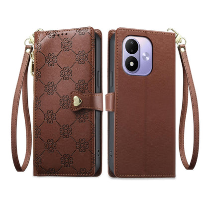 For Redmi Note 17 5G / 4G Global 171mm Zipper Wallet Heart Buckle Vegan Leather Phone Case with Wrist Strap(Brown)