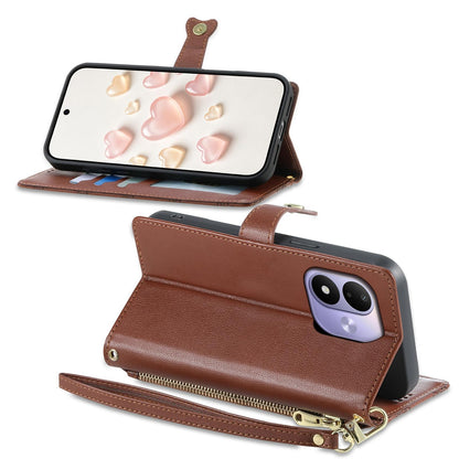 For Redmi Note 17 5G / 4G Global 171mm Zipper Wallet Heart Buckle Vegan Leather Phone Case with Wrist Strap(Brown)