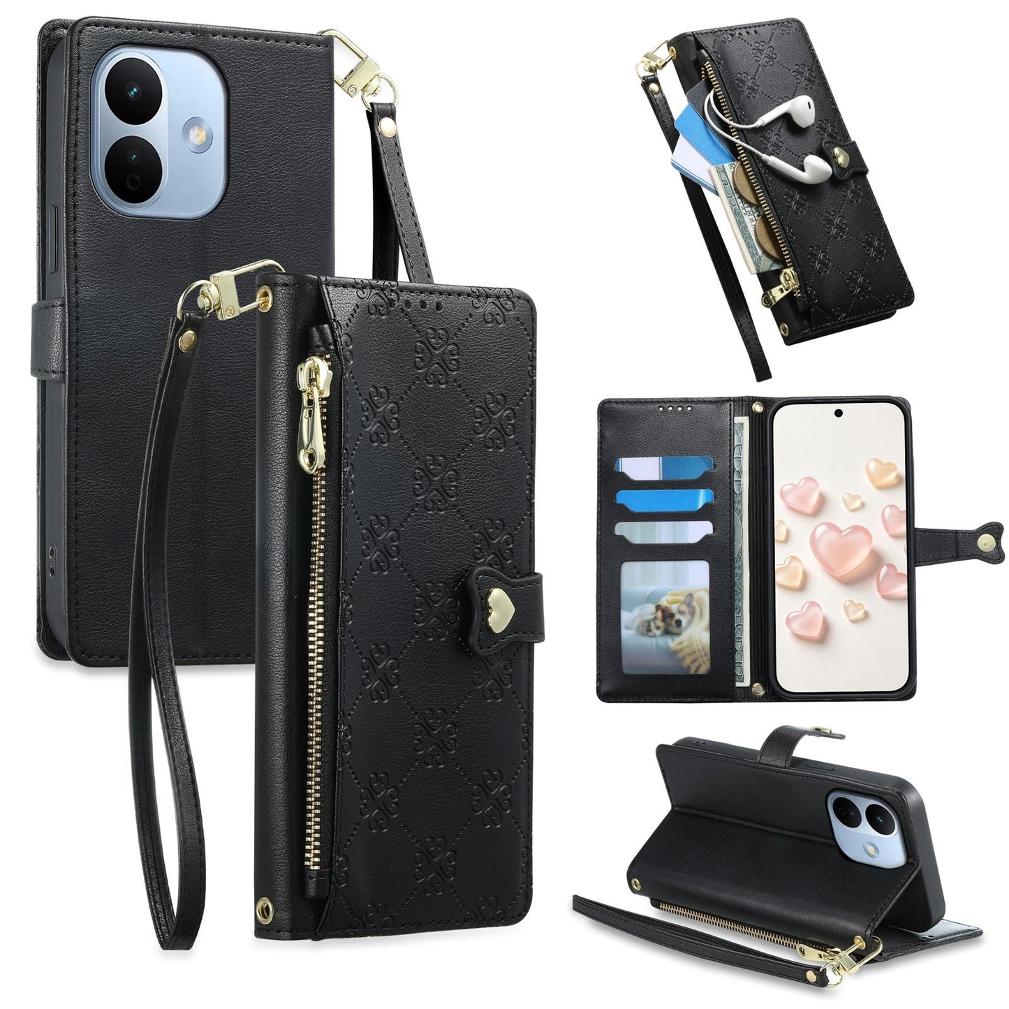 For Redmi Note 17 Pro 5G Global 163mm Zipper Wallet Heart Buckle Vegan Leather Phone Case with Wrist Strap(Black)