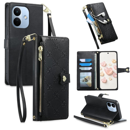 For Redmi Note 17 Pro 5G Global 163mm Zipper Wallet Heart Buckle Vegan Leather Phone Case with Wrist Strap(Black)