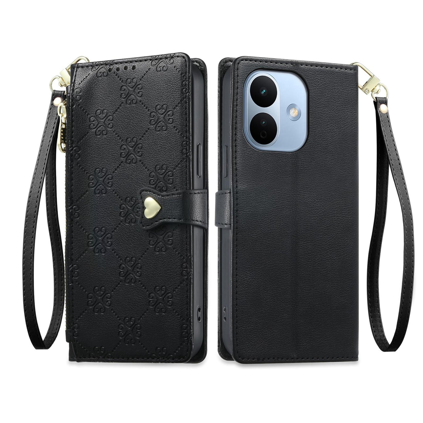 For Redmi Note 17 Pro 5G Global 163mm Zipper Wallet Heart Buckle Vegan Leather Phone Case with Wrist Strap(Black)