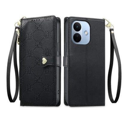 For Redmi Note 17 Pro 5G Global 163mm Zipper Wallet Heart Buckle Vegan Leather Phone Case with Wrist Strap(Black)