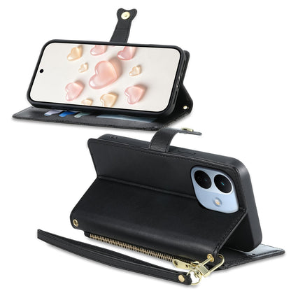 For Redmi Note 17 Pro 5G Global 163mm Zipper Wallet Heart Buckle Vegan Leather Phone Case with Wrist Strap(Black)