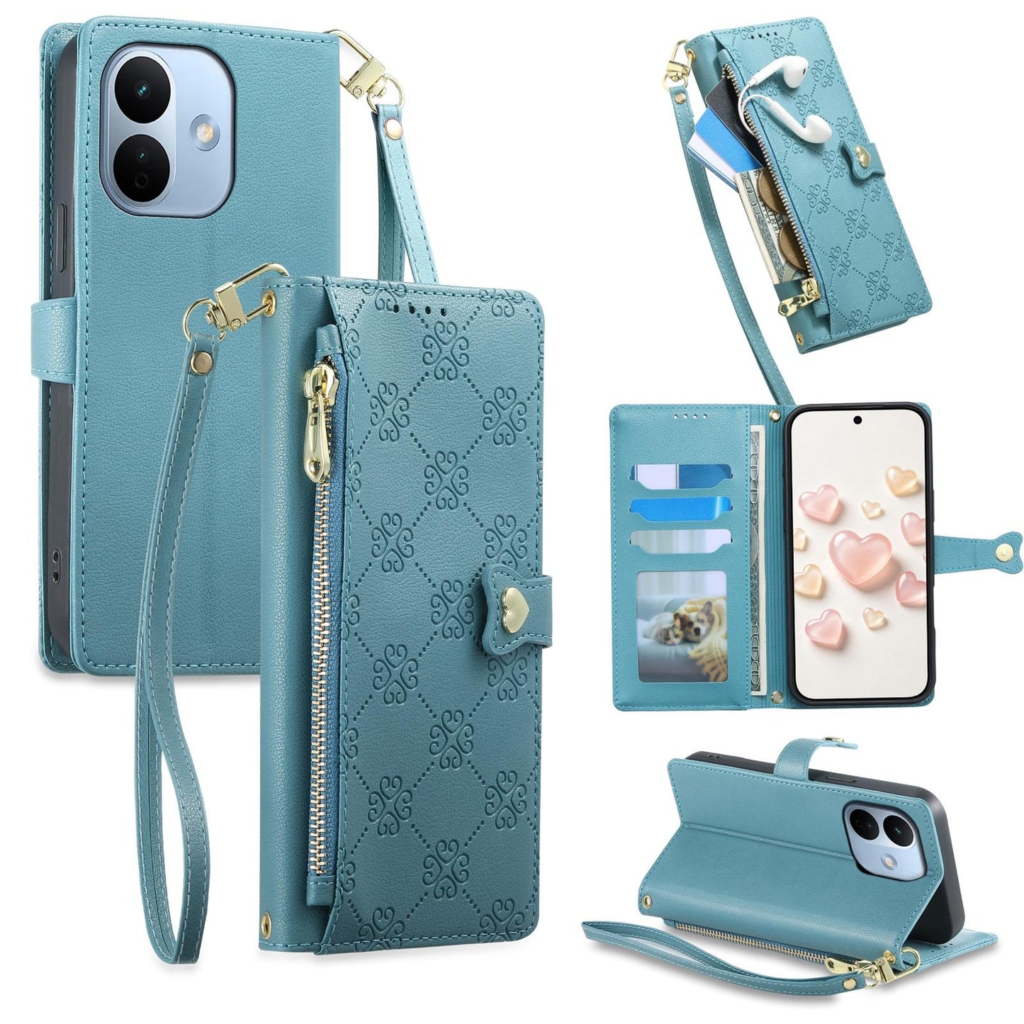 For Redmi Note 17 Pro 5G Global 163mm Zipper Wallet Heart Buckle Vegan Leather Phone Case with Wrist Strap(Lake Blue)