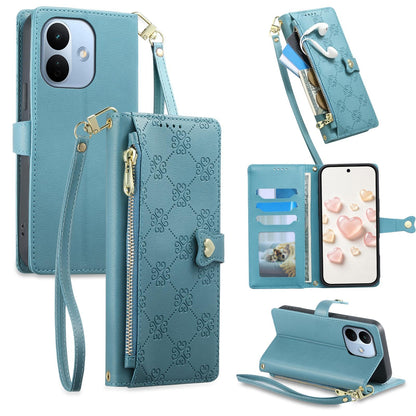 For Redmi Note 17 Pro 5G Global 163mm Zipper Wallet Heart Buckle Vegan Leather Phone Case with Wrist Strap(Lake Blue)