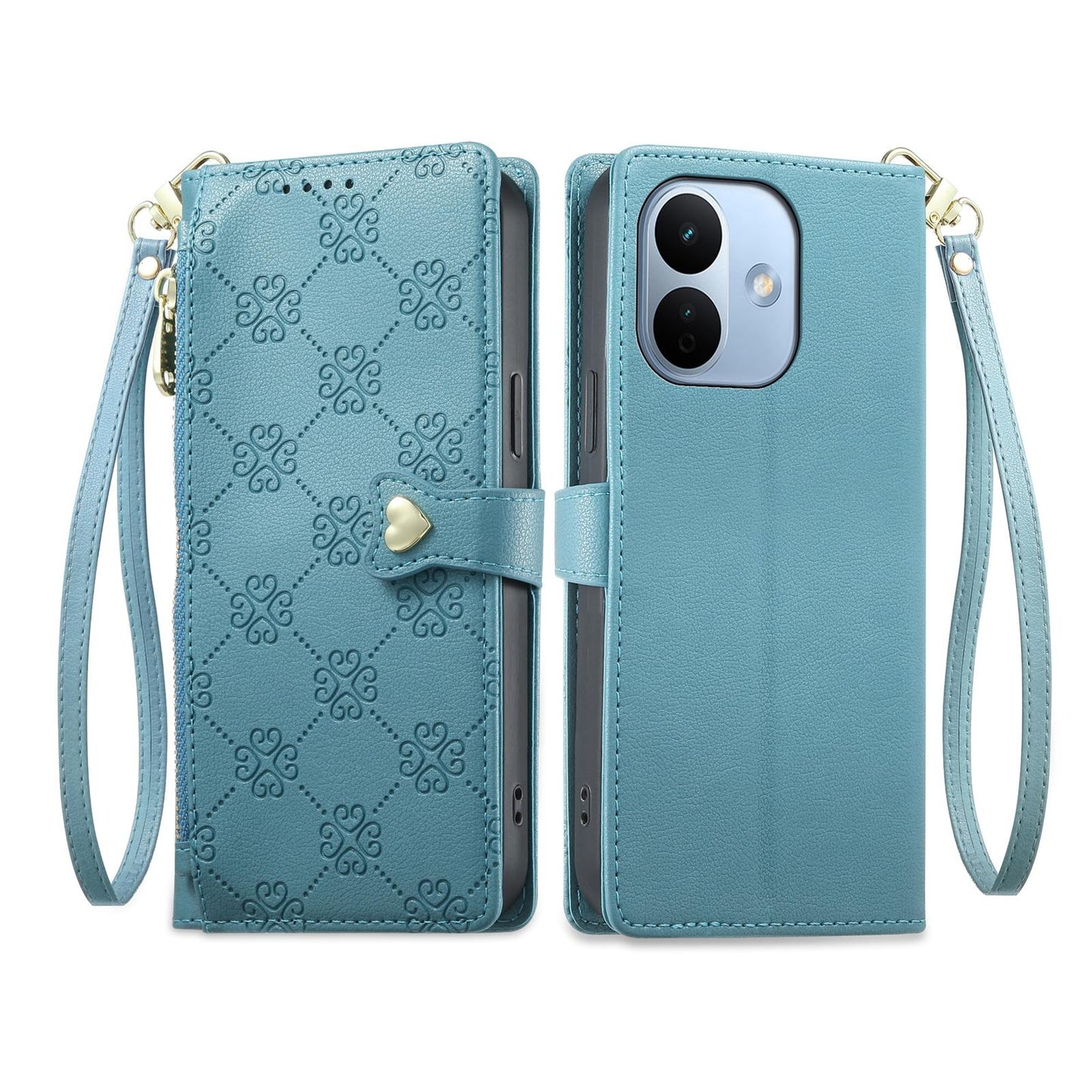 For Redmi Note 17 Pro 5G Global 163mm Zipper Wallet Heart Buckle Vegan Leather Phone Case with Wrist Strap(Lake Blue)