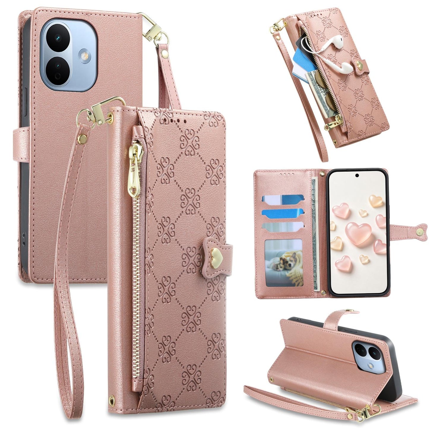 For Redmi Note 17 Pro 5G Global 163mm Zipper Wallet Heart Buckle Vegan Leather Phone Case with Wrist Strap(Pink)