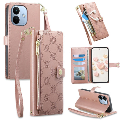 For Redmi Note 17 Pro 5G Global 163mm Zipper Wallet Heart Buckle Vegan Leather Phone Case with Wrist Strap(Pink)