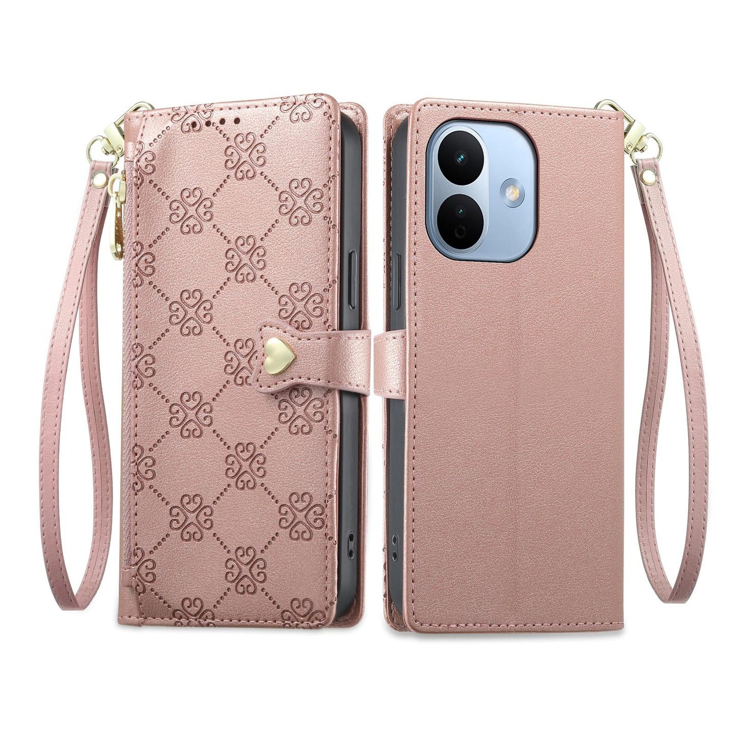 For Redmi Note 17 Pro 5G Global 163mm Zipper Wallet Heart Buckle Vegan Leather Phone Case with Wrist Strap(Pink)