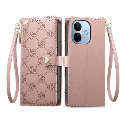 For Redmi Note 17 Pro 5G Global 163mm Zipper Wallet Heart Buckle Vegan Leather Phone Case with Wrist Strap(Pink)