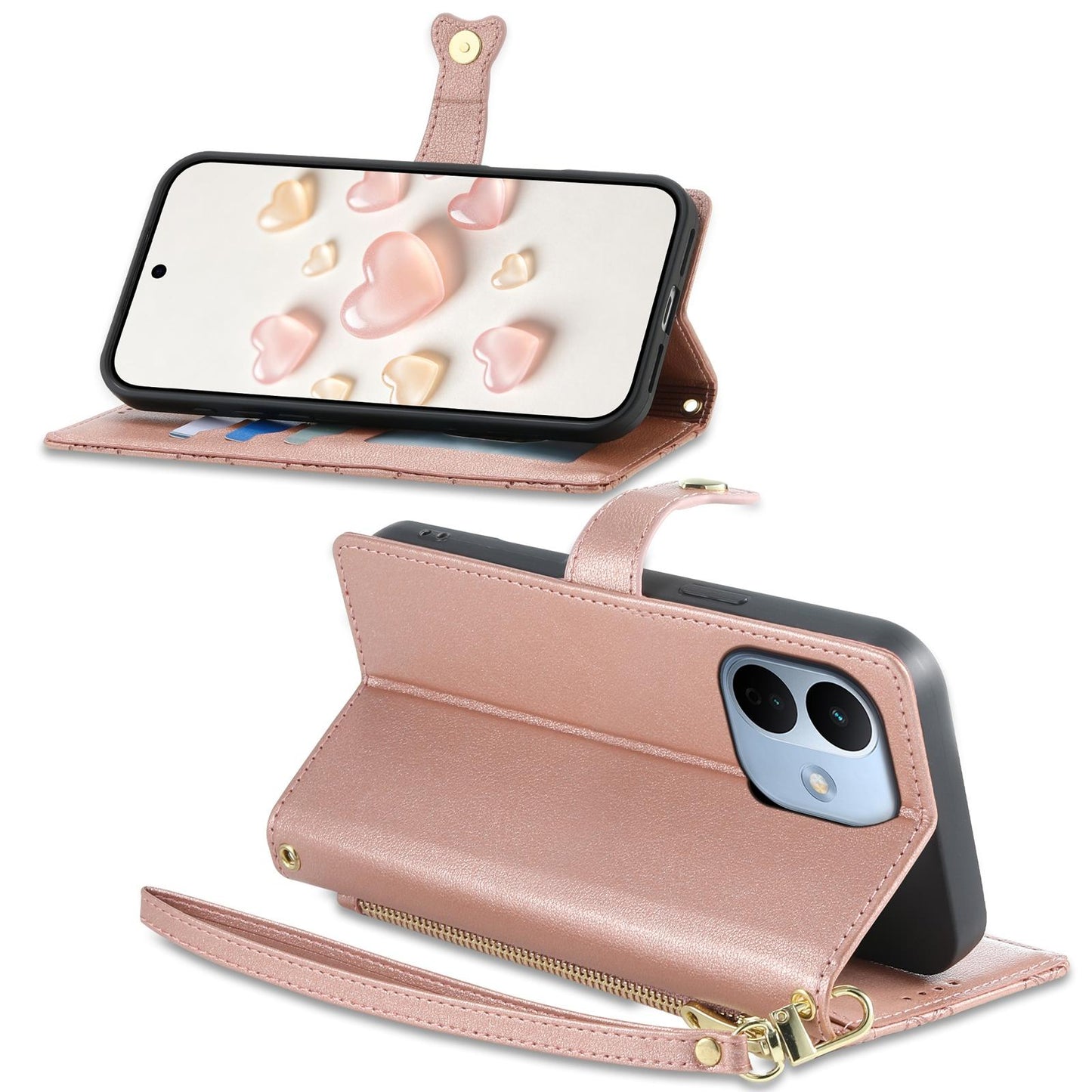For Redmi Note 17 Pro 5G Global 163mm Zipper Wallet Heart Buckle Vegan Leather Phone Case with Wrist Strap(Pink)