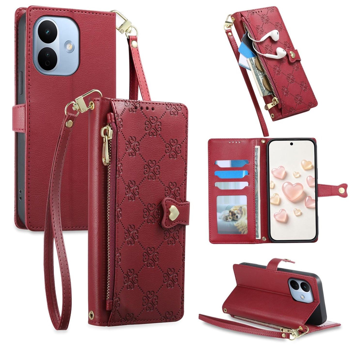 For Redmi Note 17 Pro 5G Global 163mm Zipper Wallet Heart Buckle Vegan Leather Phone Case with Wrist Strap(Red)