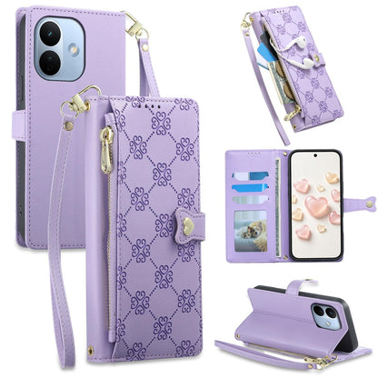 For Redmi Note 17 Pro 5G Global 163mm Zipper Wallet Heart Buckle Vegan Leather Phone Case with Wrist Strap(Purple)