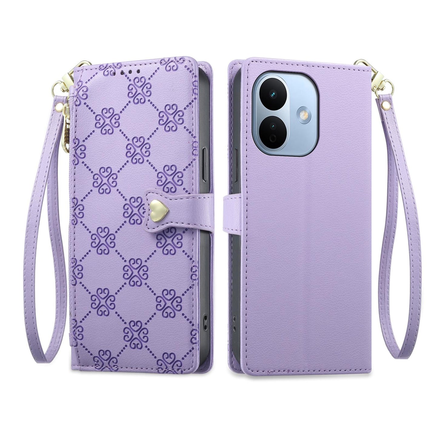 For Redmi Note 17 Pro 5G Global 163mm Zipper Wallet Heart Buckle Vegan Leather Phone Case with Wrist Strap(Purple)