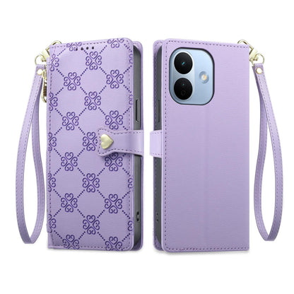 For Redmi Note 17 Pro 5G Global 163mm Zipper Wallet Heart Buckle Vegan Leather Phone Case with Wrist Strap(Purple)