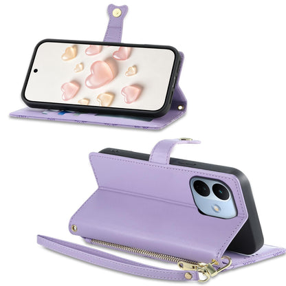 For Redmi Note 17 Pro 5G Global 163mm Zipper Wallet Heart Buckle Vegan Leather Phone Case with Wrist Strap(Purple)