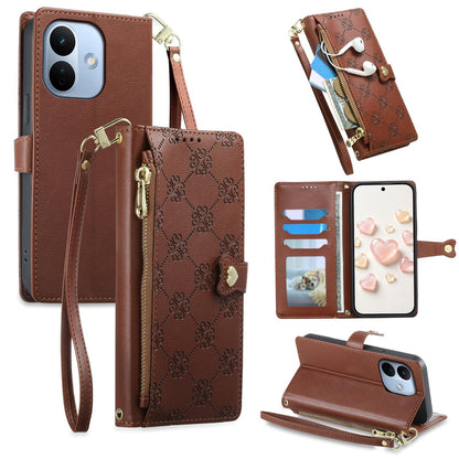 For Redmi Note 17 Pro 5G Global 163mm Zipper Wallet Heart Buckle Vegan Leather Phone Case with Wrist Strap(Brown)