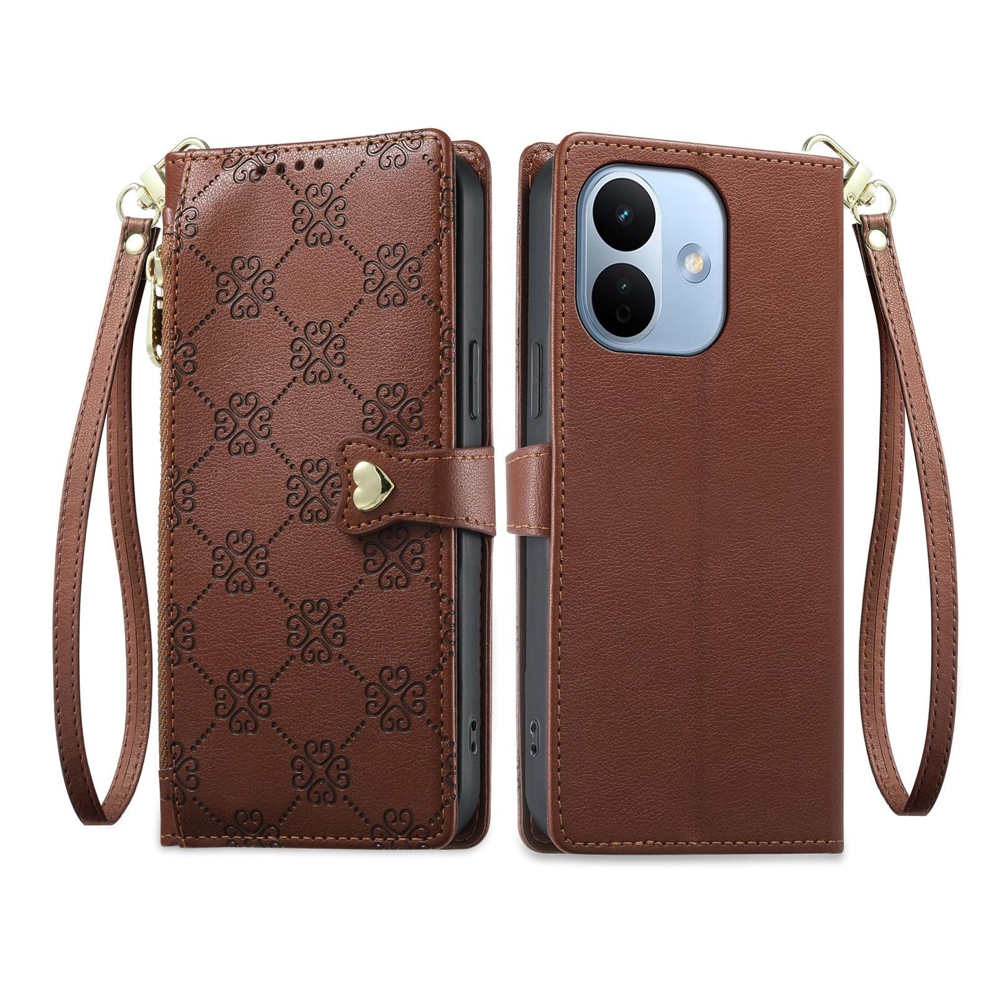For Redmi Note 17 Pro 5G Global 163mm Zipper Wallet Heart Buckle Vegan Leather Phone Case with Wrist Strap(Brown)