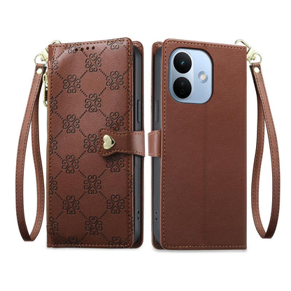 For Redmi Note 17 Pro 5G Global 163mm Zipper Wallet Heart Buckle Vegan Leather Phone Case with Wrist Strap(Brown)