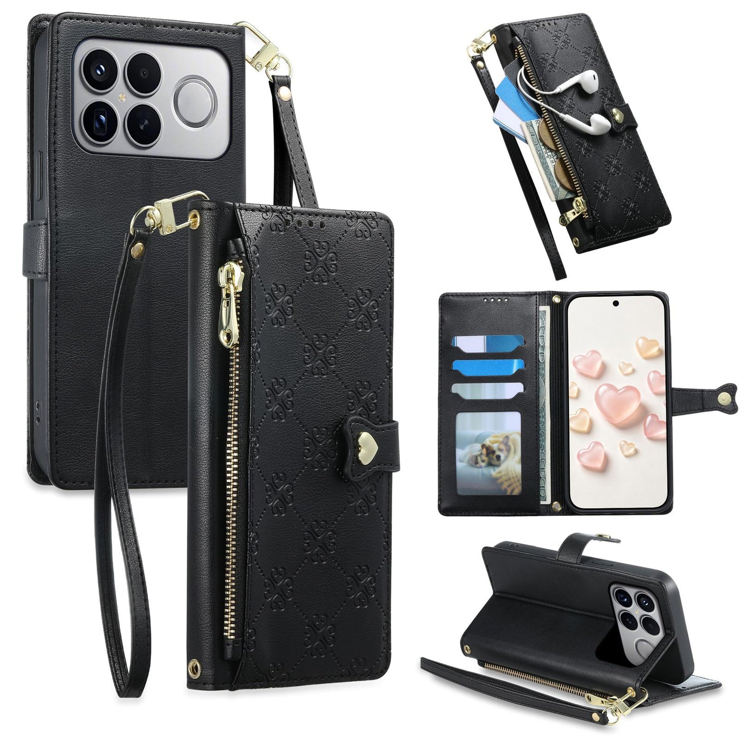 For Xiaomi Poco F8 Ultra / Redmi K90 Pro Max Zipper Wallet Heart Buckle Vegan Leather Phone Case with Wrist Strap(Black)