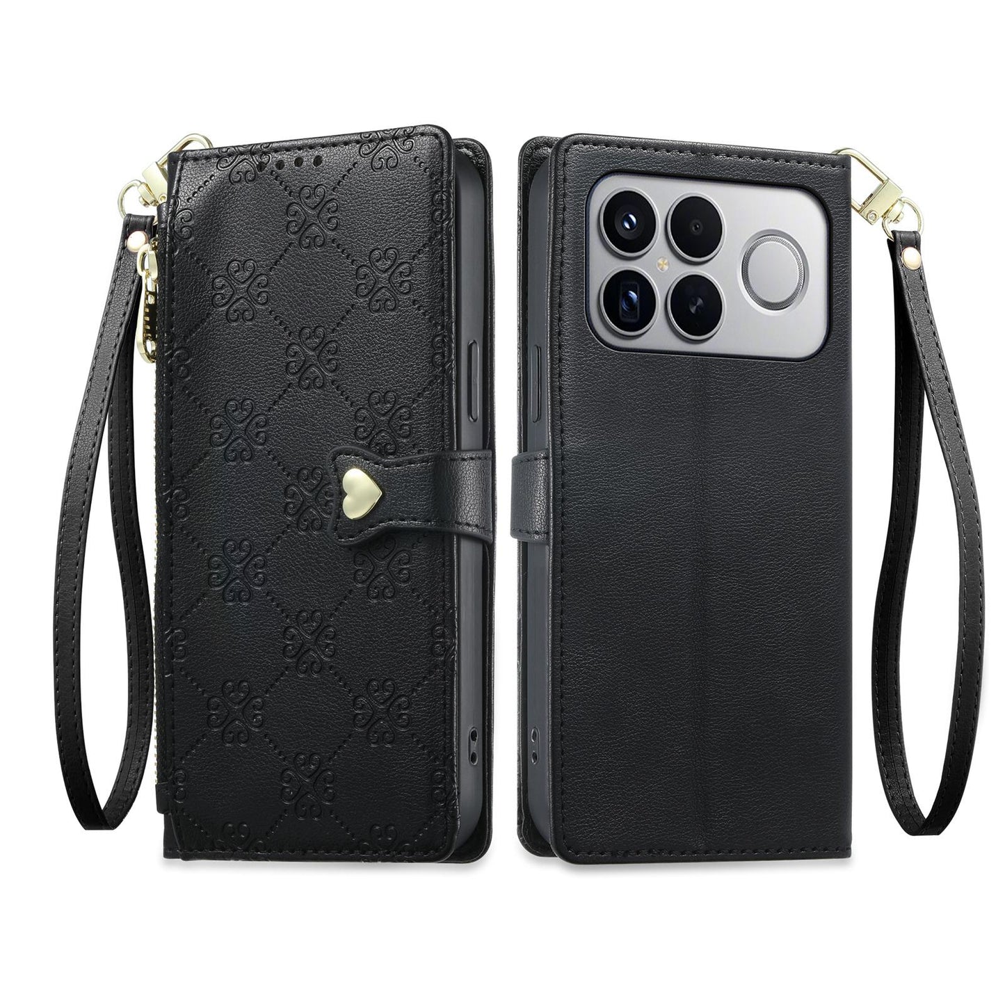 For Xiaomi Poco F8 Ultra / Redmi K90 Pro Max Zipper Wallet Heart Buckle Vegan Leather Phone Case with Wrist Strap(Black)