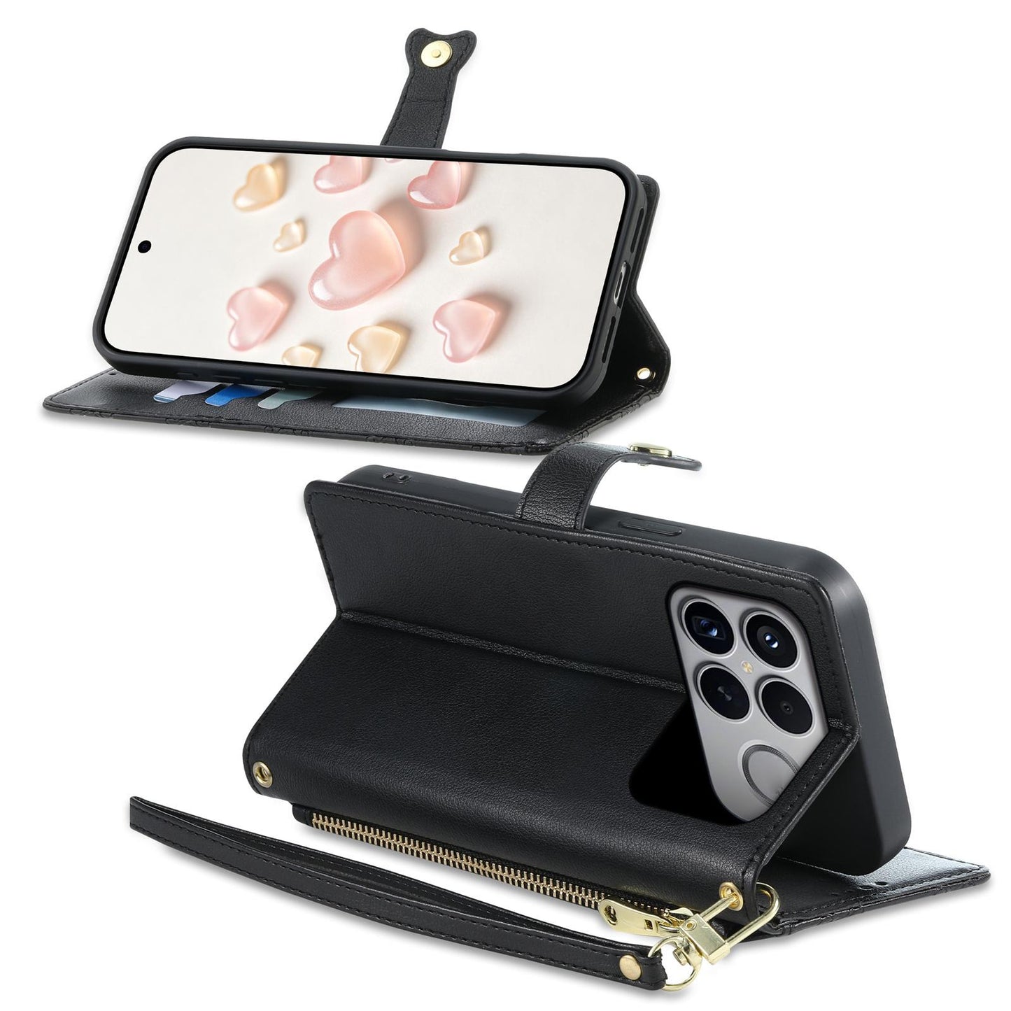 For Xiaomi Poco F8 Ultra / Redmi K90 Pro Max Zipper Wallet Heart Buckle Vegan Leather Phone Case with Wrist Strap(Black)
