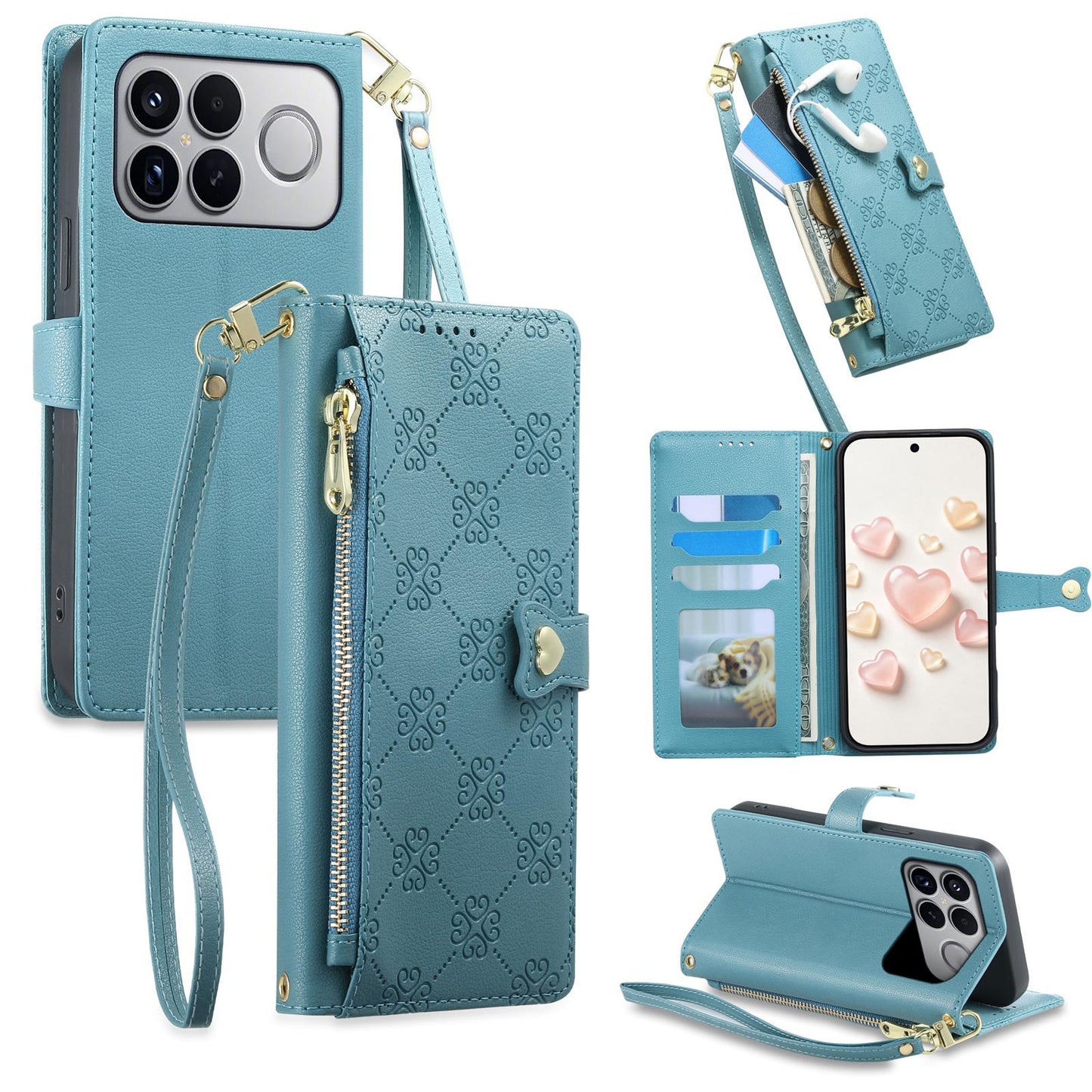 For Xiaomi Poco F8 Ultra / Redmi K90 Pro Max Zipper Wallet Heart Buckle Vegan Leather Phone Case with Wrist Strap(Lake Blue)