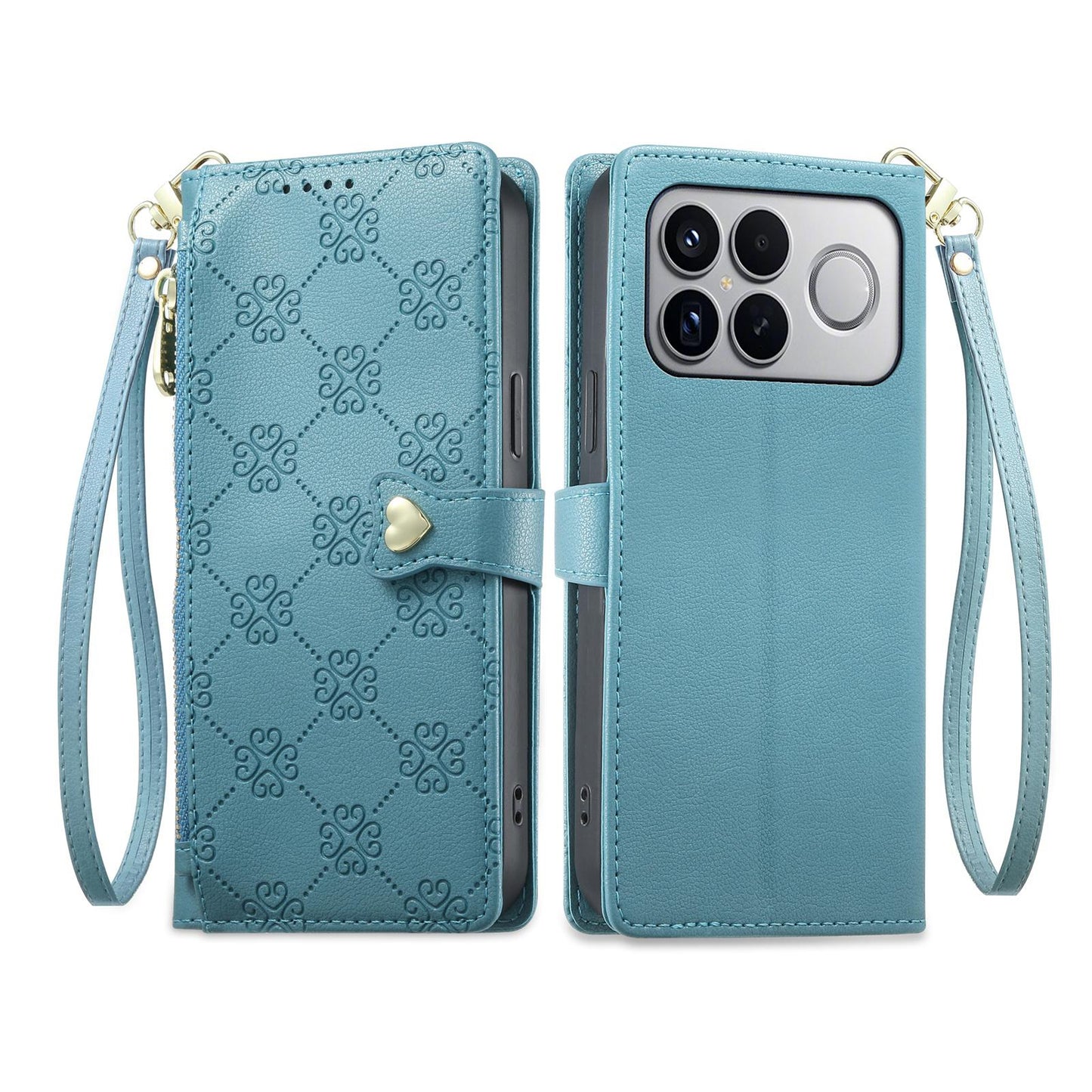 For Xiaomi Poco F8 Ultra / Redmi K90 Pro Max Zipper Wallet Heart Buckle Vegan Leather Phone Case with Wrist Strap(Lake Blue)