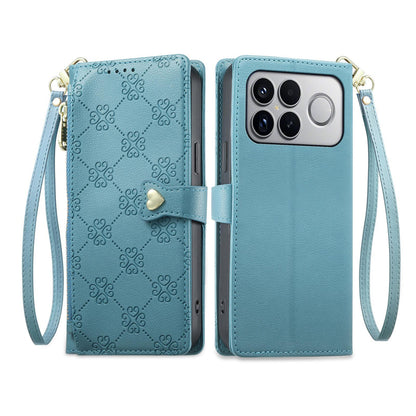 For Xiaomi Poco F8 Ultra / Redmi K90 Pro Max Zipper Wallet Heart Buckle Vegan Leather Phone Case with Wrist Strap(Lake Blue)